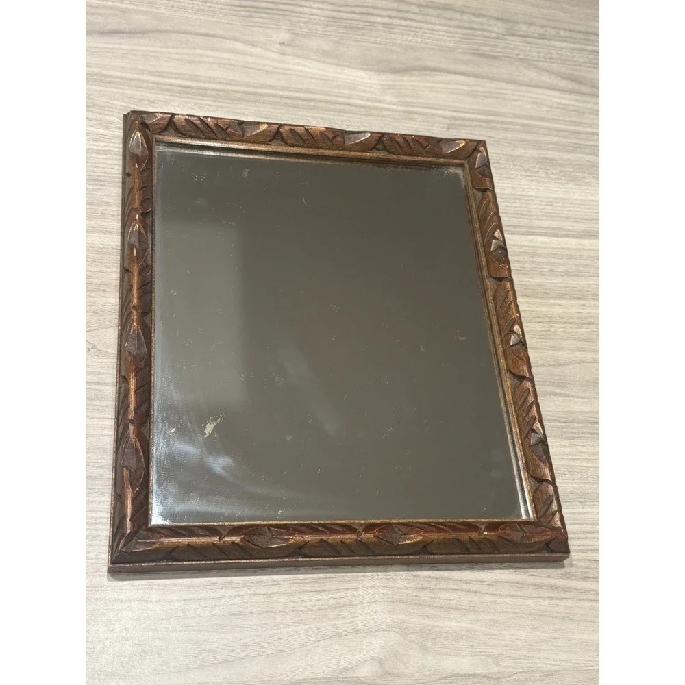 Vintage Hand Carved Wood Framed Mirror Tabletop or Wall Rustic Folk Art Decor